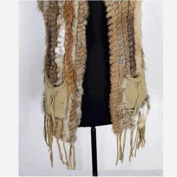 Real Rabbit Fur Knitted Vest w Fringe Tassels Pockets Stole Gilet Brown Women OS - Picture 3 of 7
